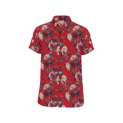 Rose Red Pattern Print Design RO07 Men's Short Sleeve Button Up Shirt