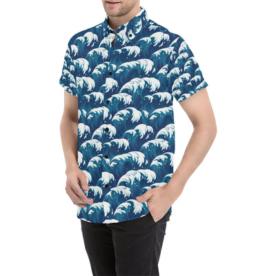 Ocean Wave Pattern Print Men's Short Sleeve Button Up Shirt