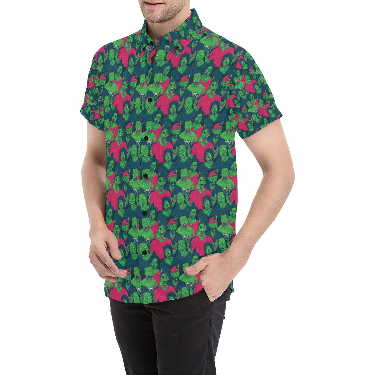 Zombie Themed Design Pattern Print Men's Short Sleeve Button Up Shirt