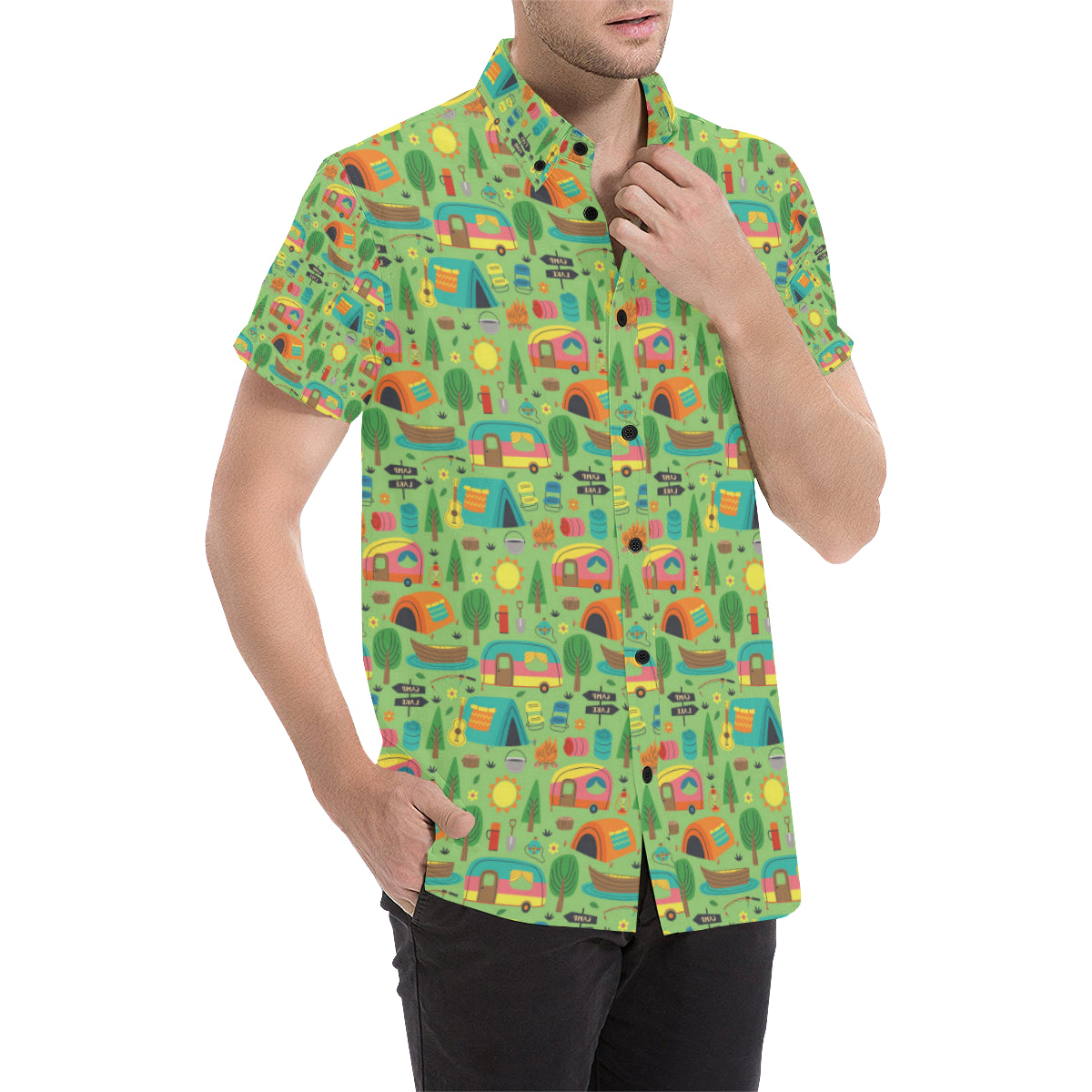 Camping Camper Pattern Print Design 04 Men's Short Sleeve Button Up Shirt
