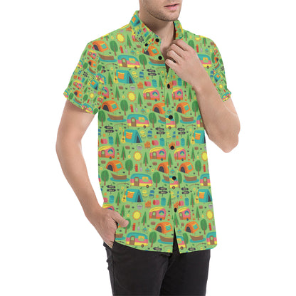 Camping Camper Pattern Print Design 04 Men's Short Sleeve Button Up Shirt