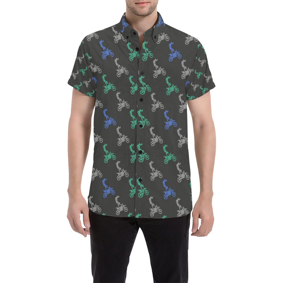 Motocross Pattern Print Design 02 Men's Short Sleeve Button Up Shirt