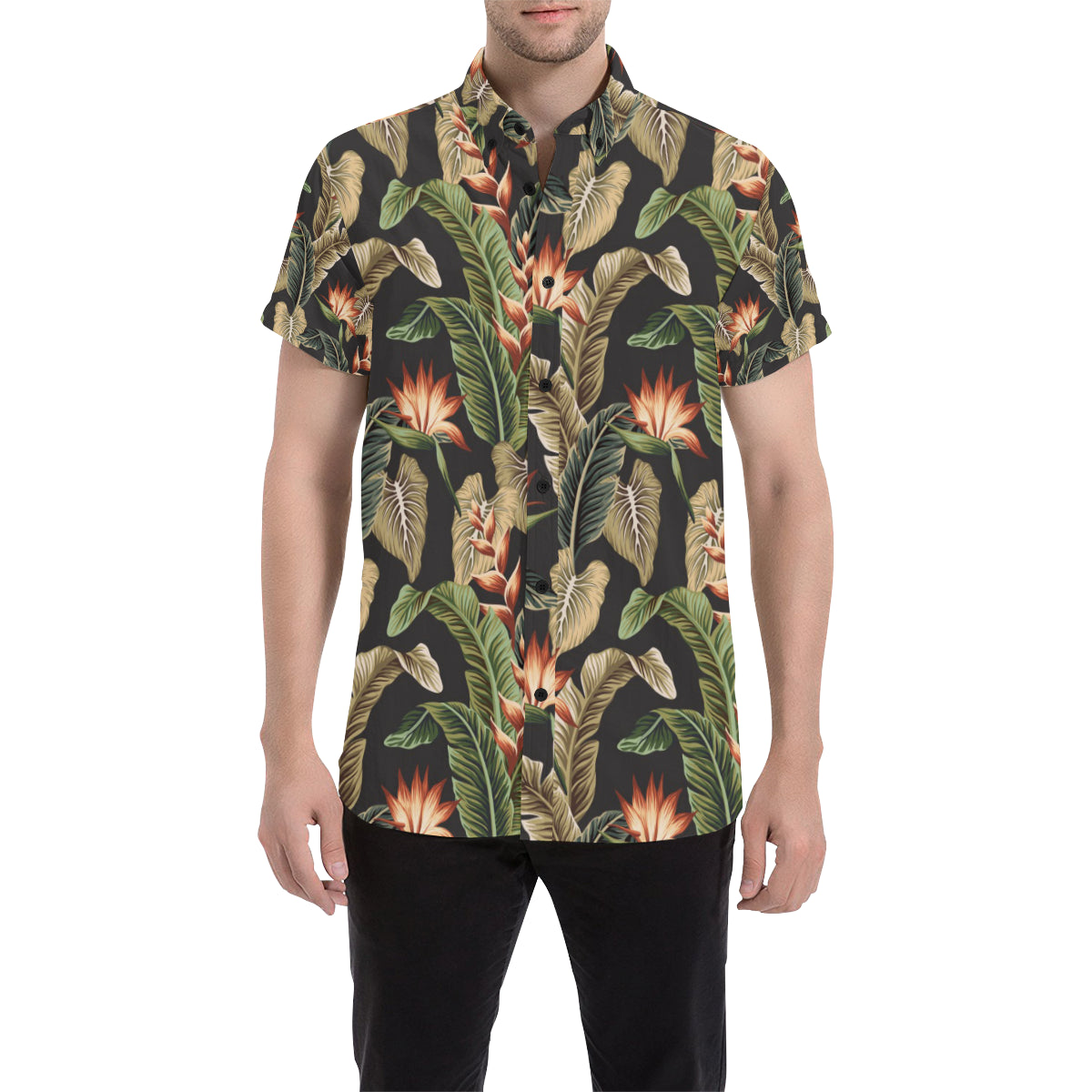 Tropical Flower Pattern Print Design TF014 Men's Short Sleeve Button Up Shirt