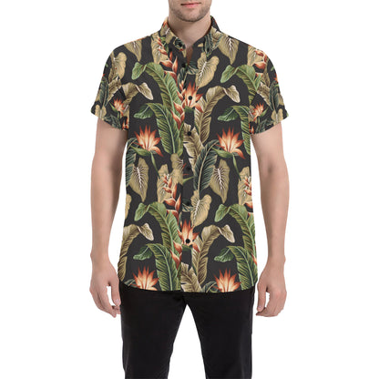 Tropical Flower Pattern Print Design TF014 Men's Short Sleeve Button Up Shirt