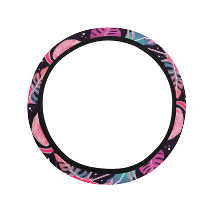 Flamingo Tropical leaves Neon Print Steering Wheel Cover with Elastic Edge