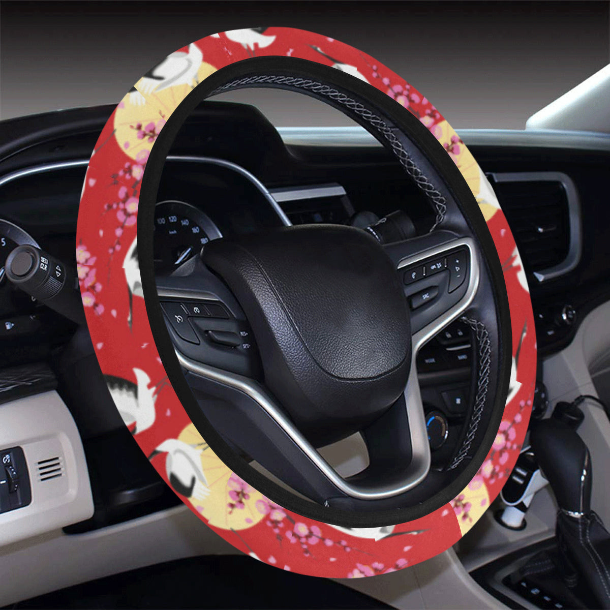 Crane Pattern Print Design 04 Steering Wheel Cover with Elastic Edge