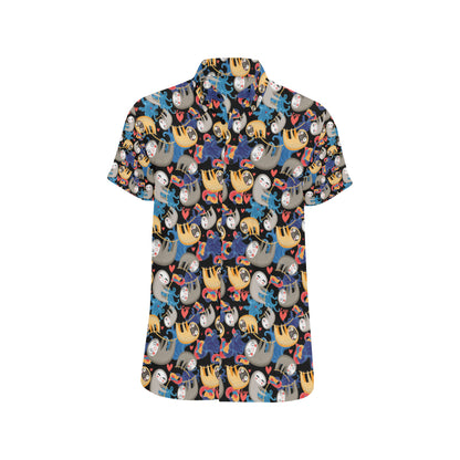 Sloth Cartoon Design Themed Print Men's Short Sleeve Button Up Shirt
