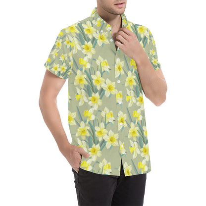 Daffodils Pattern Print Design DF01 Men's Short Sleeve Button Up Shirt