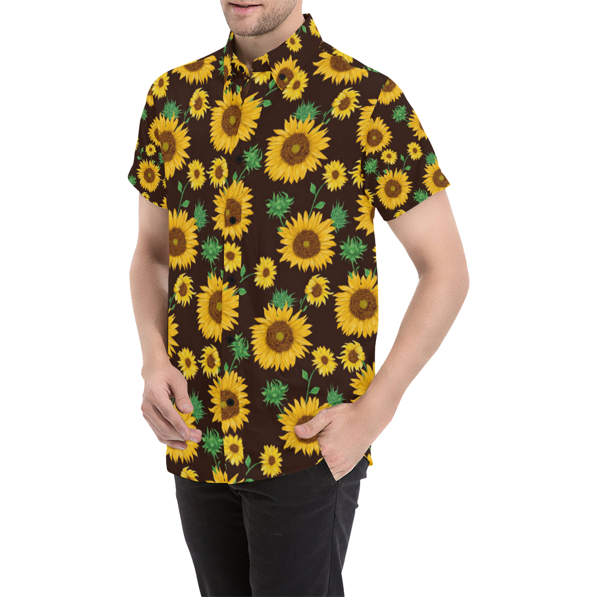 Sunflower Pattern Print Design SF01 Men's Short Sleeve Button Up Shirt
