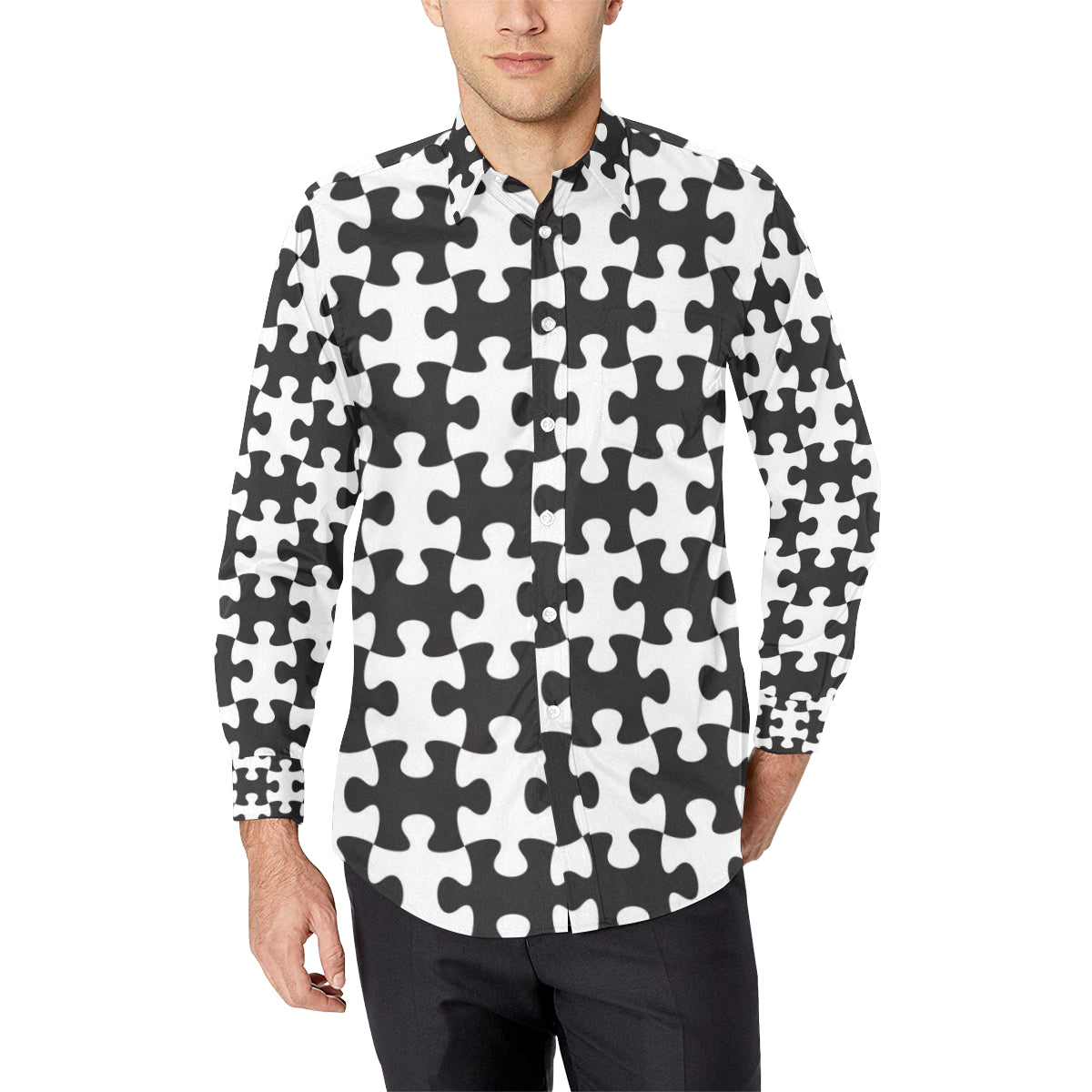 Puzzle Black White Pattern Print Design A02 Men's Long Sleeve Shirt