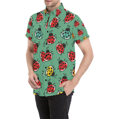 Ladybug Pattern Print Design 02 Men's Short Sleeve Button Up Shirt