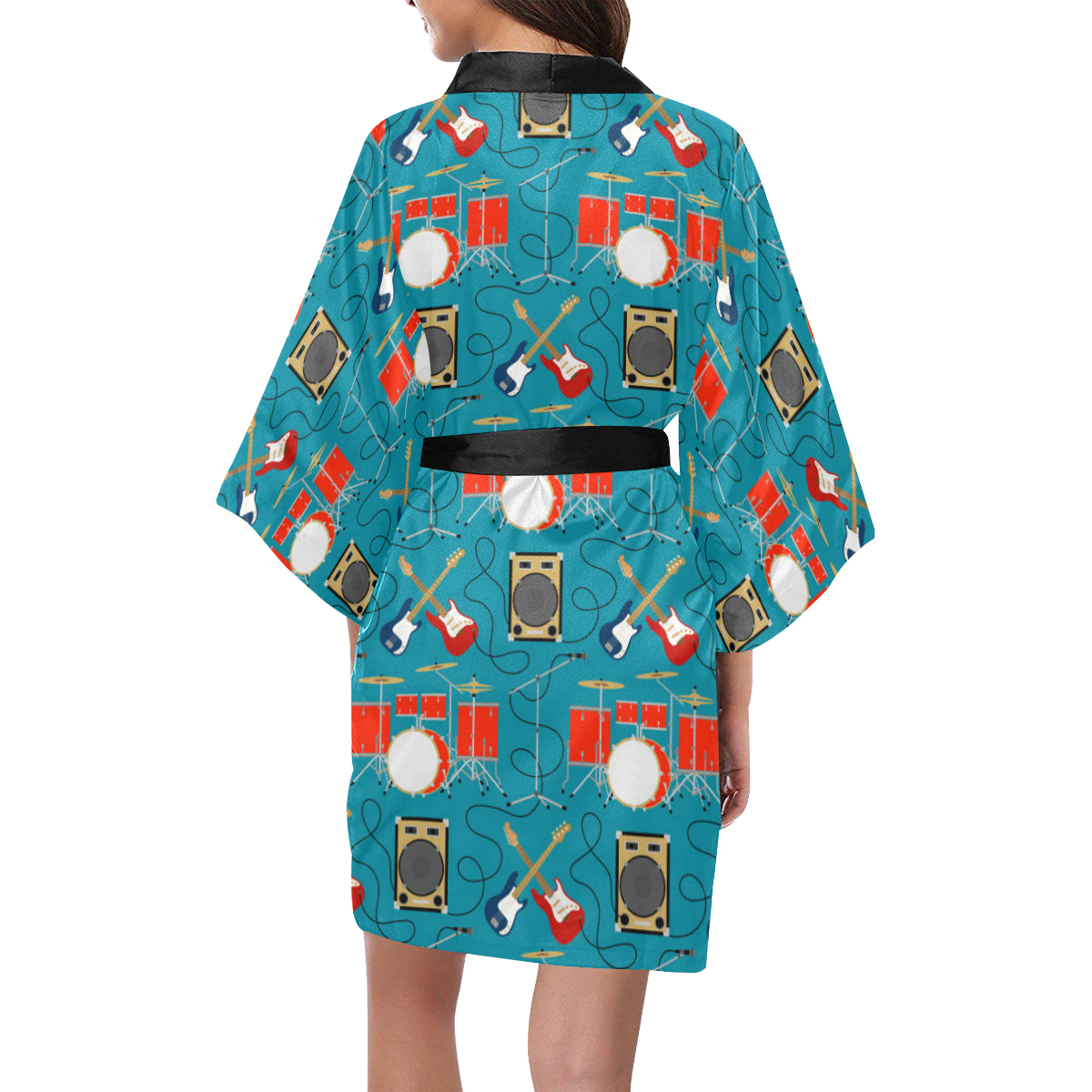 Drum Set Guitar Pattern Print Design 02 Women's Short Kimono
