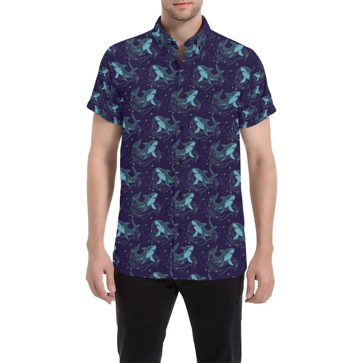 Shark Themed Print Men's Short Sleeve Button Up Shirt