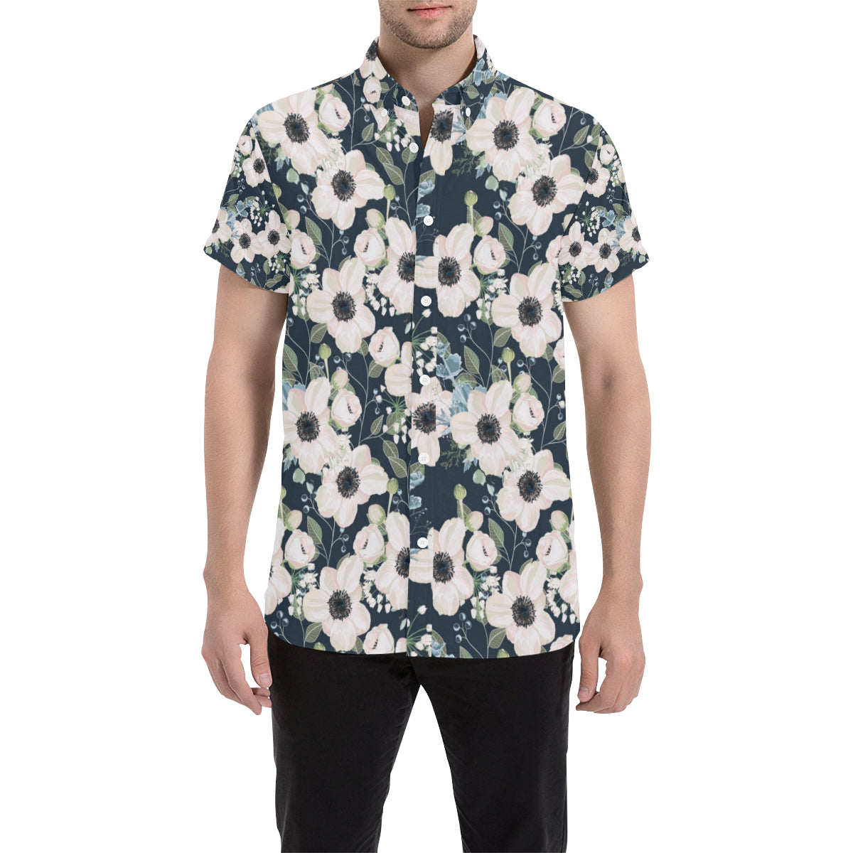 Anemone Pattern Print Design AM02 Men's Short Sleeve Button Up Shirt
