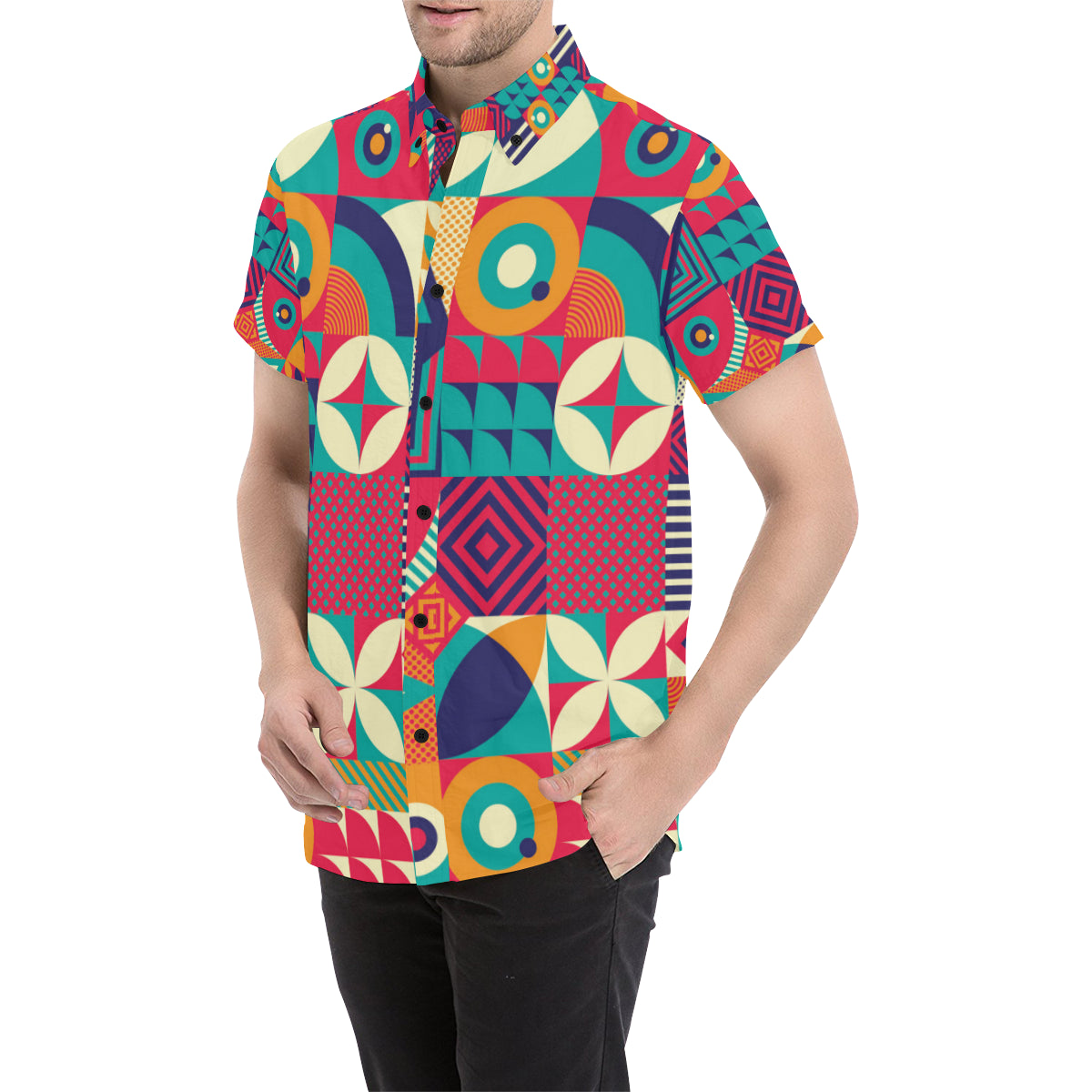 Mosaic Pattern Print Design 03 Men's Short Sleeve Button Up Shirt