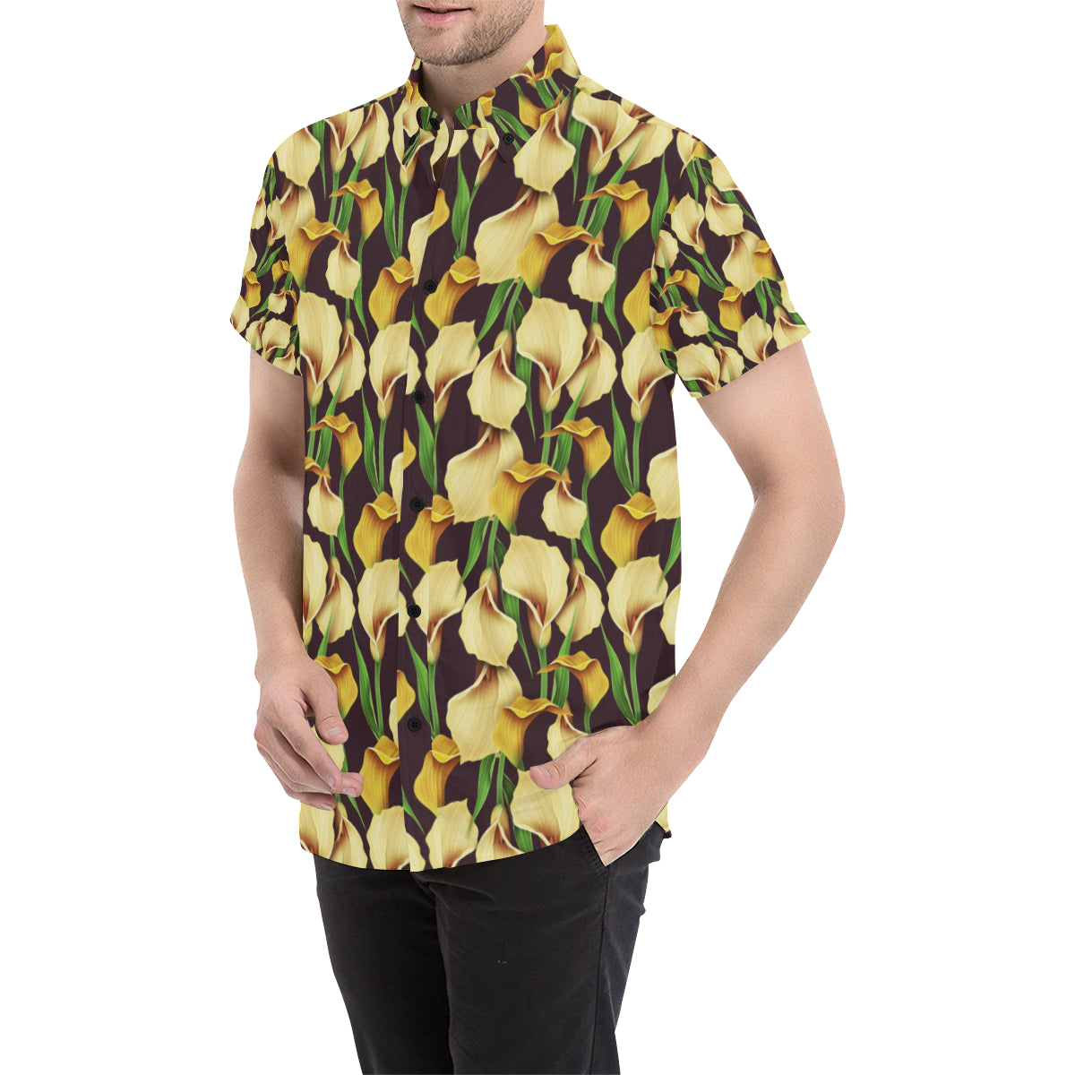 Lily Pattern Print Design LY013 Men's Short Sleeve Button Up Shirt