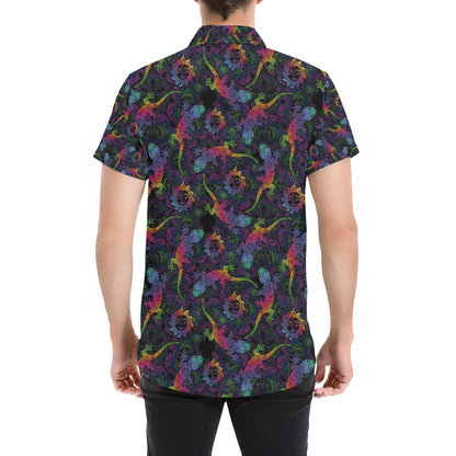 Gecko Rainbow Pattern Print Design 03 Men's Short Sleeve Button Up Shirt