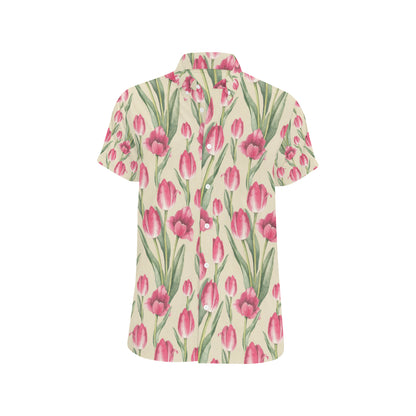 Tulip Pink Pattern Print Design TP06 Men's Short Sleeve Button Up Shirt