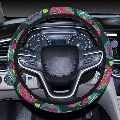 Sugar Skull Floral Design Themed Print Steering Wheel Cover with Elastic Edge