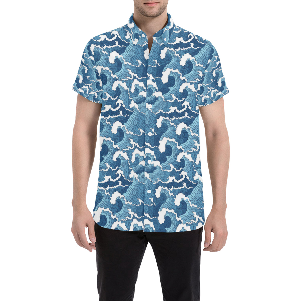 Wave Themed Pattern Print Men's Short Sleeve Button Up Shirt