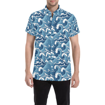 Wave Themed Pattern Print Men's Short Sleeve Button Up Shirt