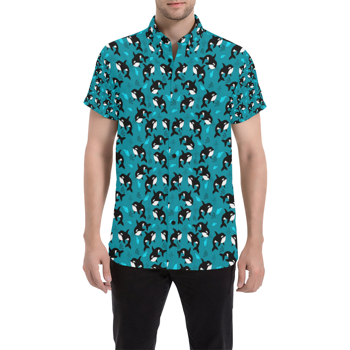 Whale Sea Design Themed Print Men's Short Sleeve Button Up Shirt