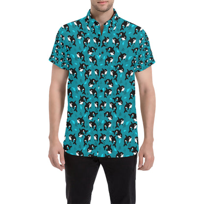 Whale Sea Design Themed Print Men's Short Sleeve Button Up Shirt