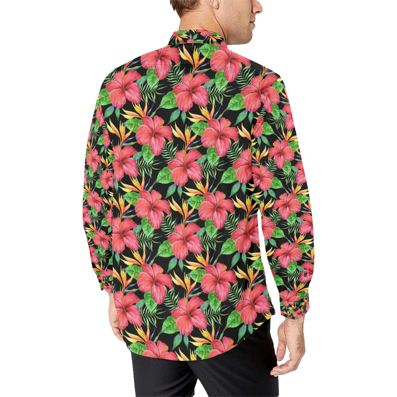 Red Hibiscus Pattern Print Design HB07 Men's Long Sleeve Shirt