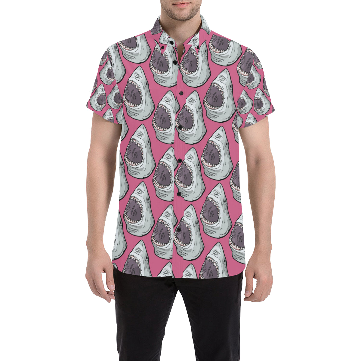Great White Shark Pattern Print Design 01 Men's Short Sleeve Button Up Shirt