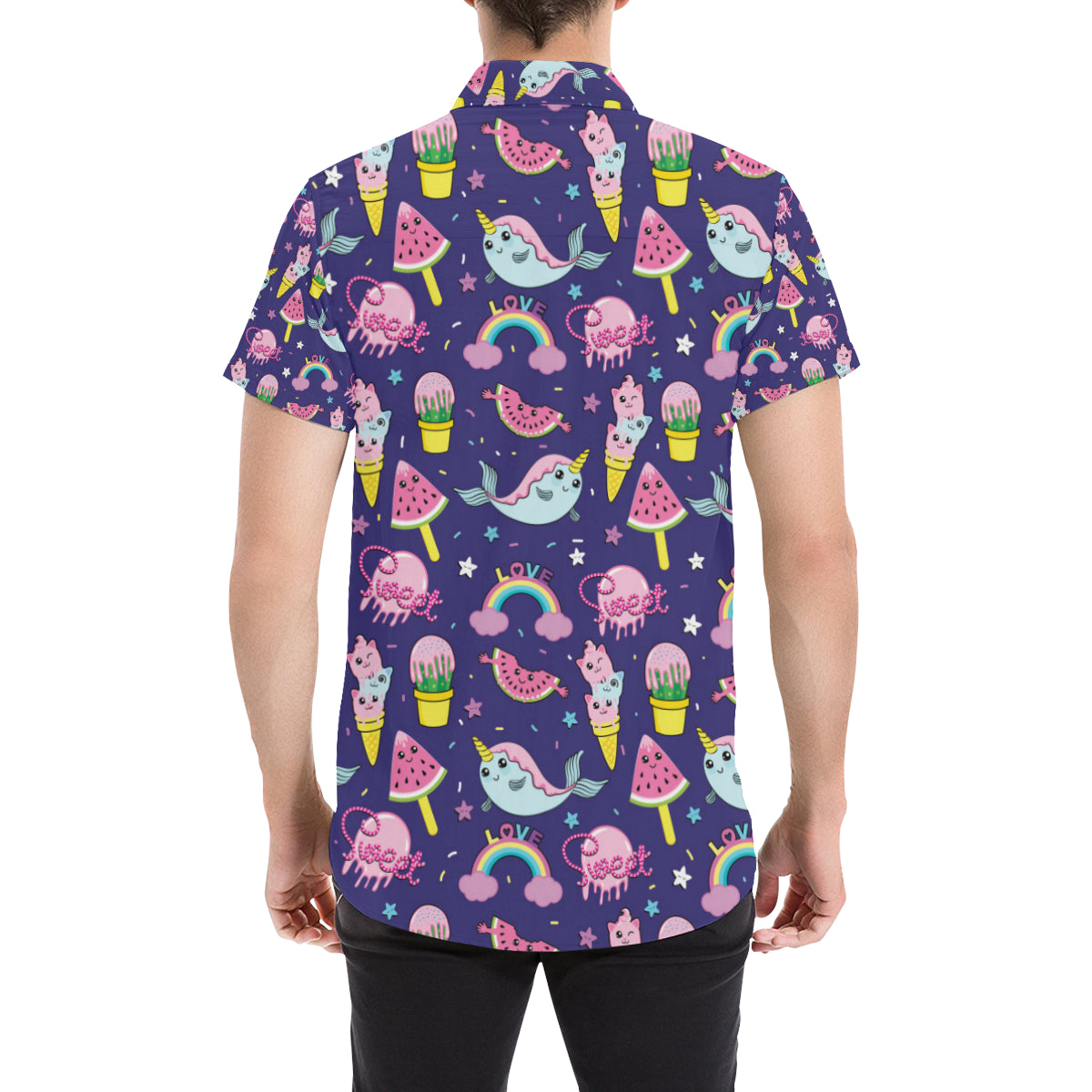 Narwhal Cute Pattern Print Design 02 Men's Short Sleeve Button Up Shirt