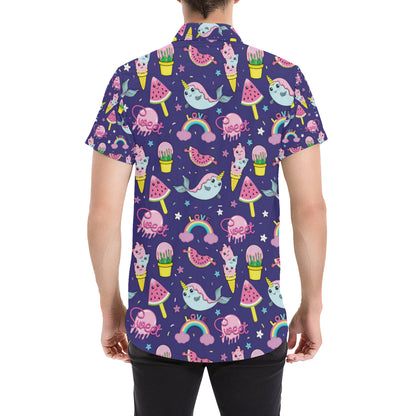 Narwhal Cute Pattern Print Design 02 Men's Short Sleeve Button Up Shirt