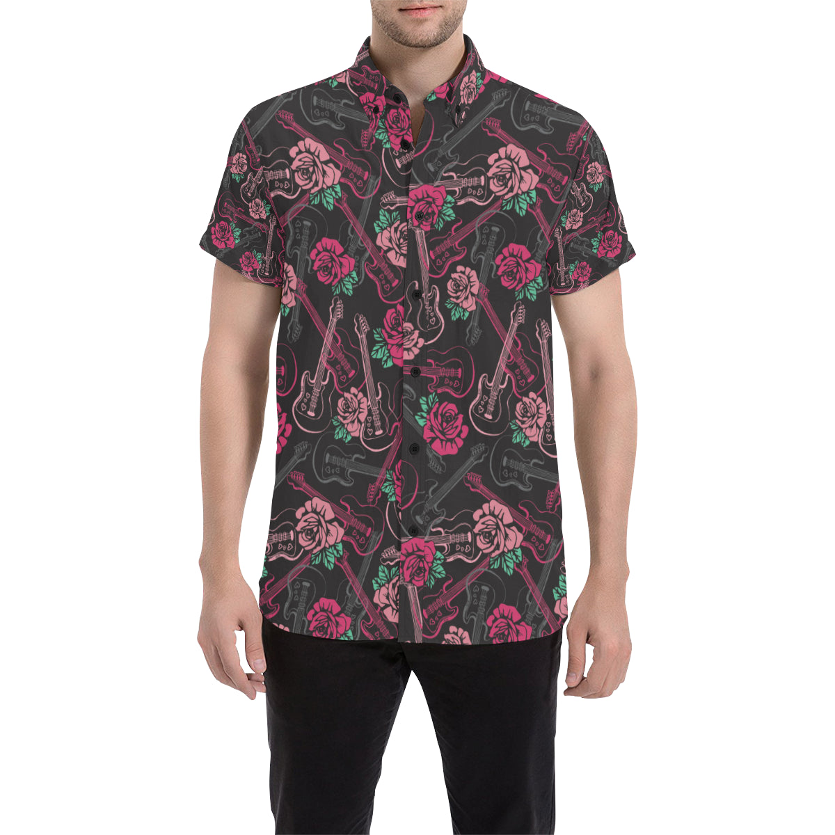 Bass Guitar Pink Rose Pattern Print Design 01 Men's Short Sleeve Button Up Shirt