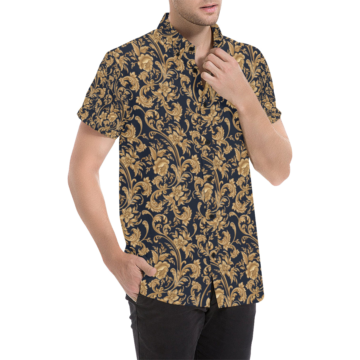 Baroque Golden Pattern Print Design 03 Men's Short Sleeve Button Up Shirt