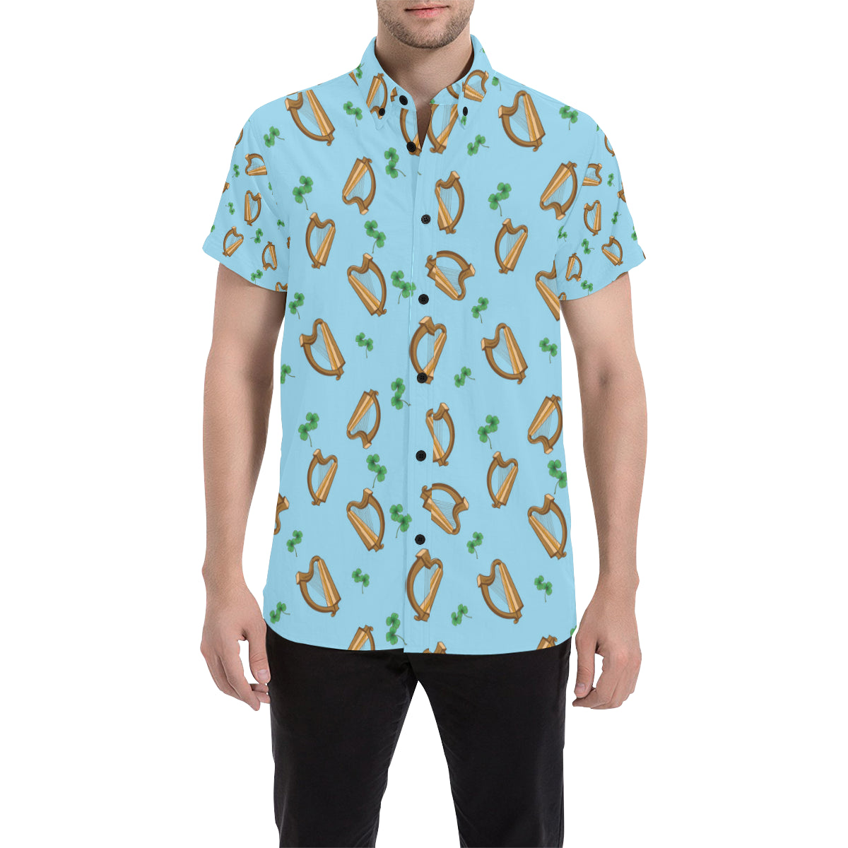 Harp Pattern Print Design 01 Men's Short Sleeve Button Up Shirt