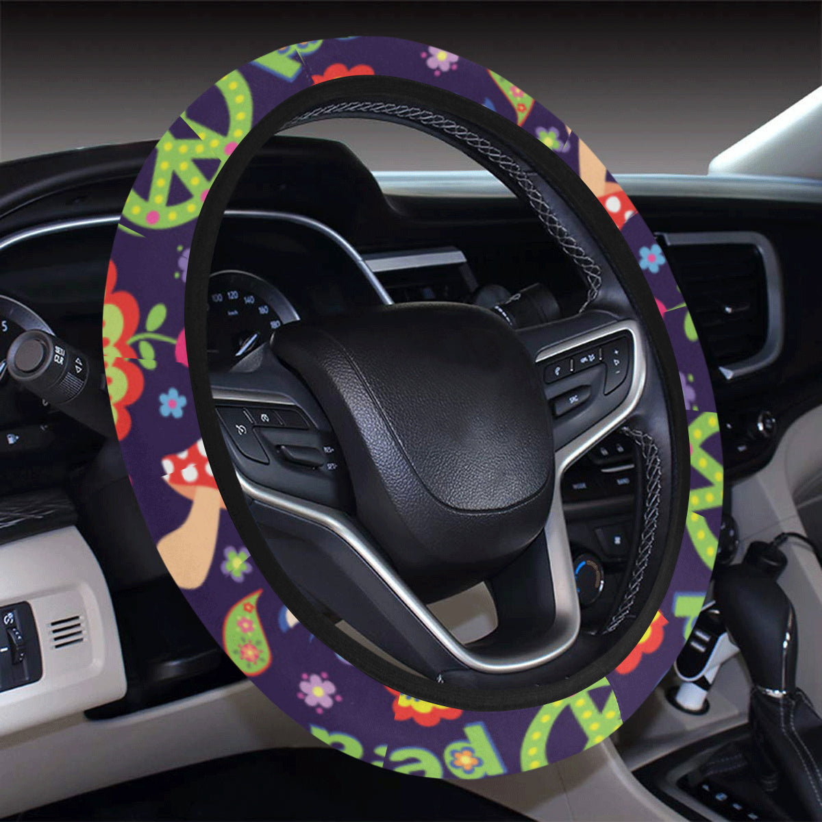 Flower Power Peace Design Print Steering Wheel Cover with Elastic Edge