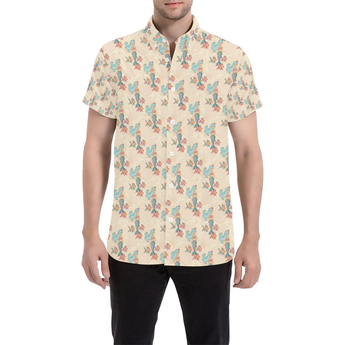 Mermaid Girl With Fish Design Print Men's Short Sleeve Button Up Shirt