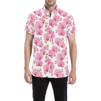 Orchid Pink Pattern Print Design OR07 Men's Short Sleeve Button Up Shirt