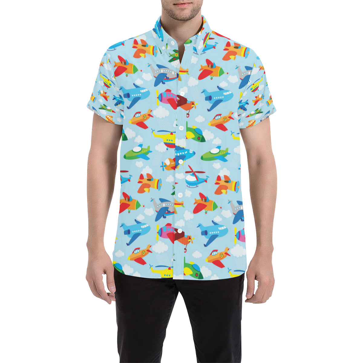 Airplane Colorful Pattern Print Design 01 Men's Short Sleeve Button Up Shirt