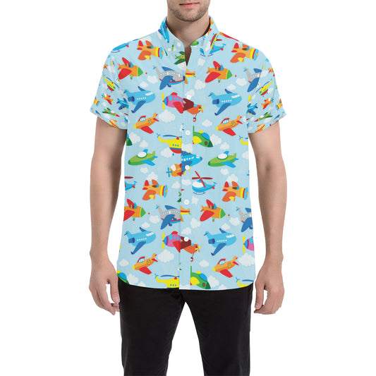Airplane Colorful Pattern Print Design 01 Men's Short Sleeve Button Up Shirt