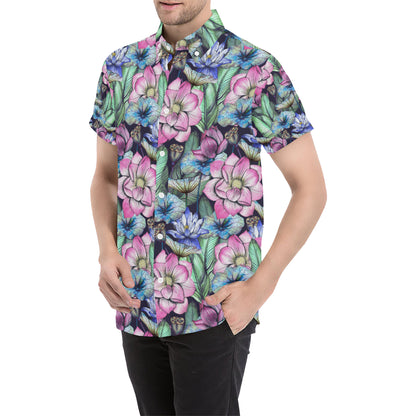 Water Lily Pattern Print Design WL07 Men's Short Sleeve Button Up Shirt