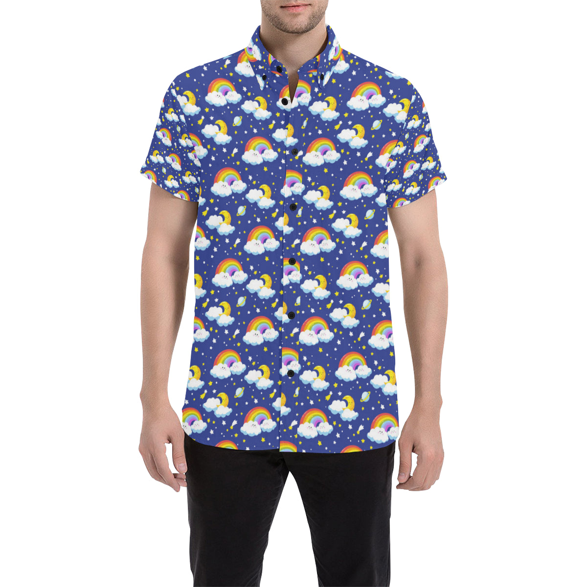 Rainbow Space Design Print Men's Short Sleeve Button Up Shirt