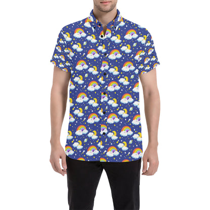 Rainbow Space Design Print Men's Short Sleeve Button Up Shirt