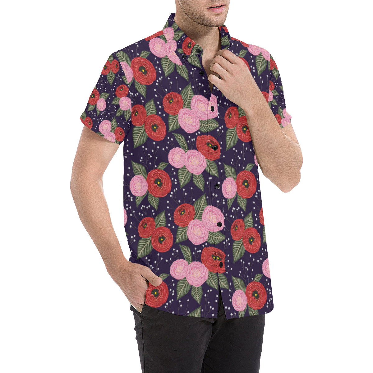 Camellia Pattern Print Design CM02 Men's Short Sleeve Button Up Shirt
