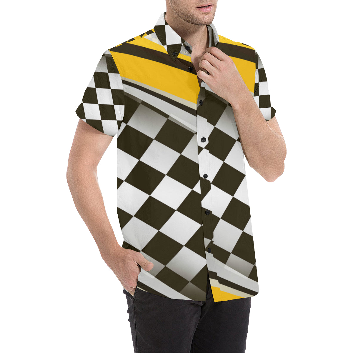 Checkered Flag Racing Style Men's Short Sleeve Button Up Shirt