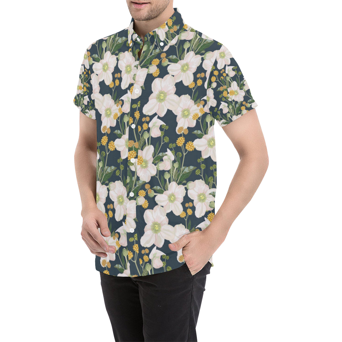 Anemone Pattern Print Design AM04 Men's Short Sleeve Button Up Shirt
