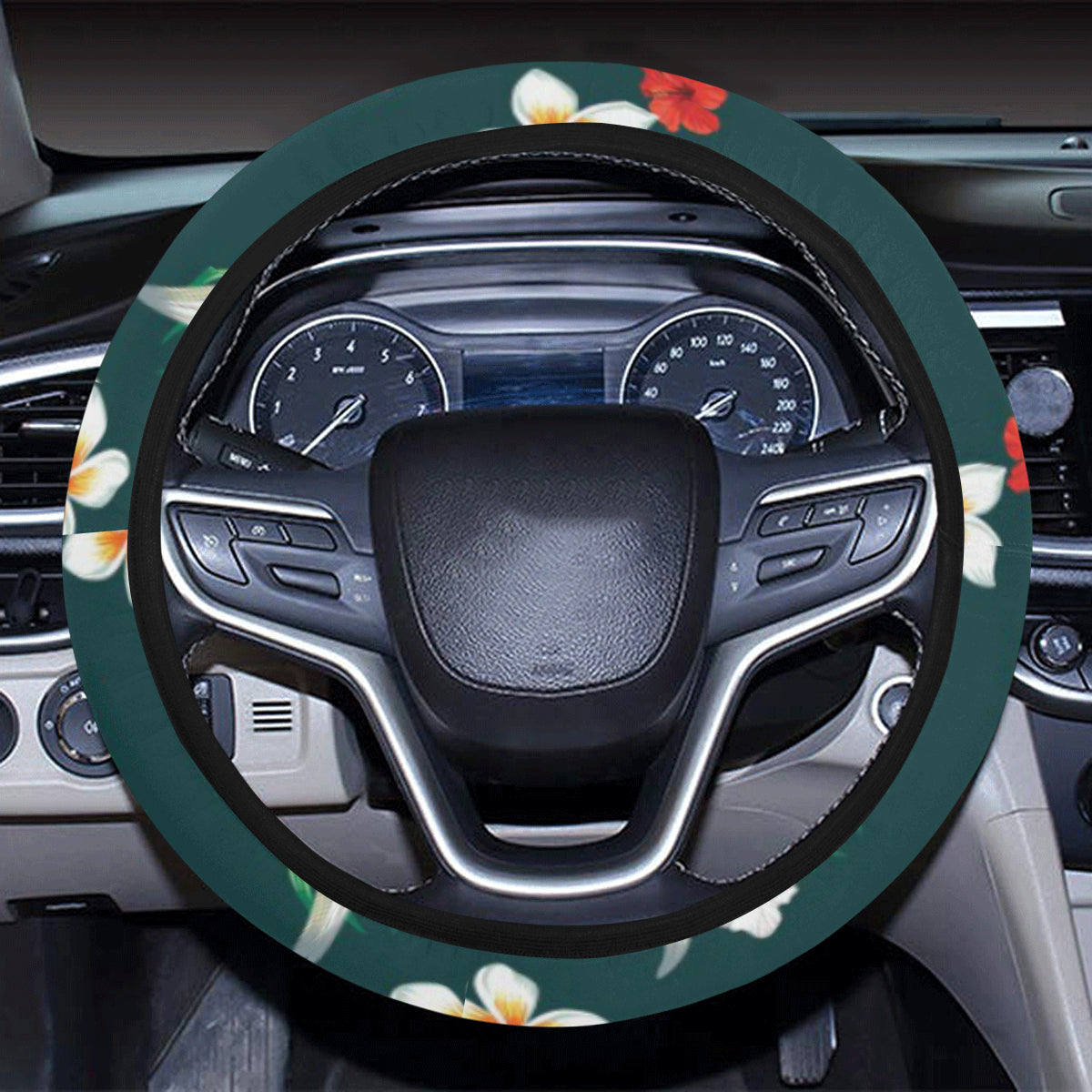 Hawaiian Flower Design with SeaTurtle Print Steering Wheel Cover with Elastic Edge