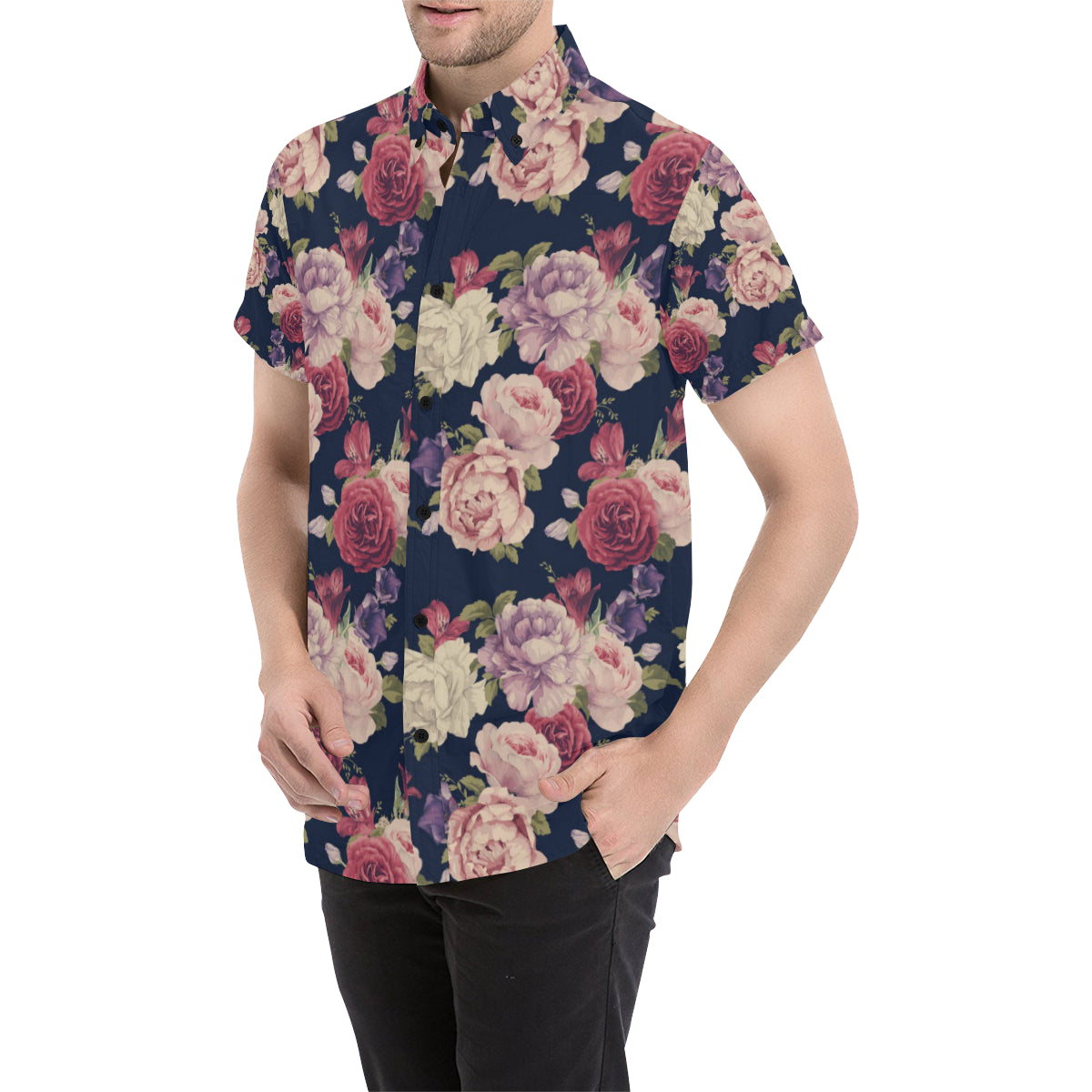 Peony Pattern Print Design PE03 Men's Short Sleeve Button Up Shirt