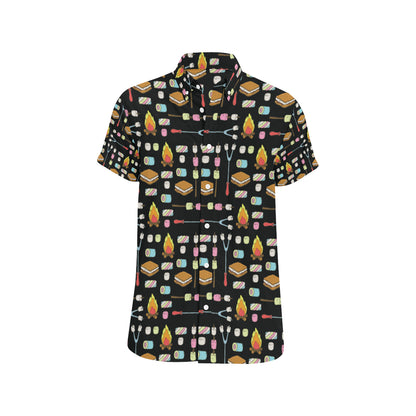 Camping Campfire Marshmallows Men's Short Sleeve Button Up Shirt
