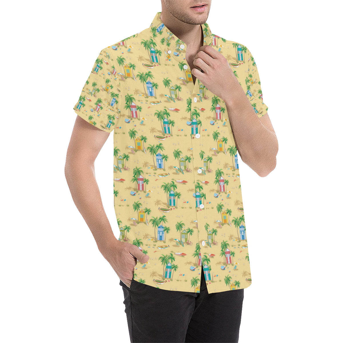 Beach Themed Pattern Print Design 01 Men's Short Sleeve Button Up Shirt