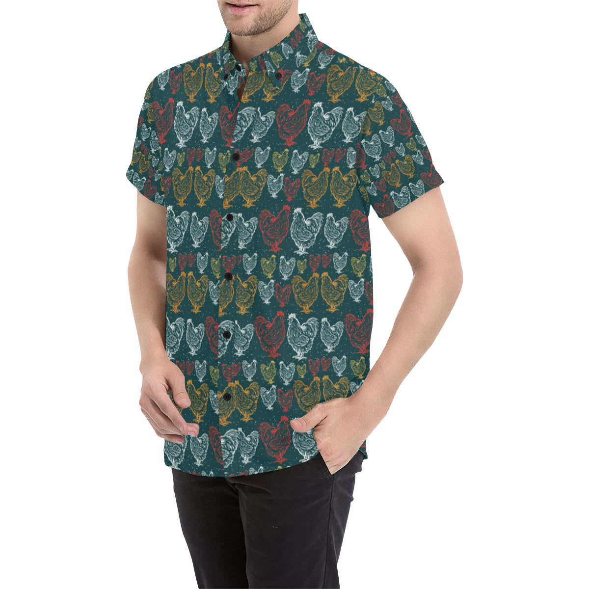 Rooster Hand Draw Design Men's Short Sleeve Button Up Shirt